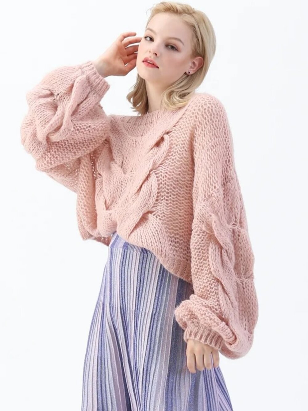 Chicwish Hand Knit Puff Sleeves Sweater Pink S/M